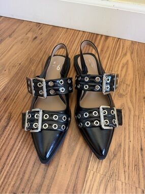 Mix No. 6 Black Pointed Slingback Flats with Grommet Buckles